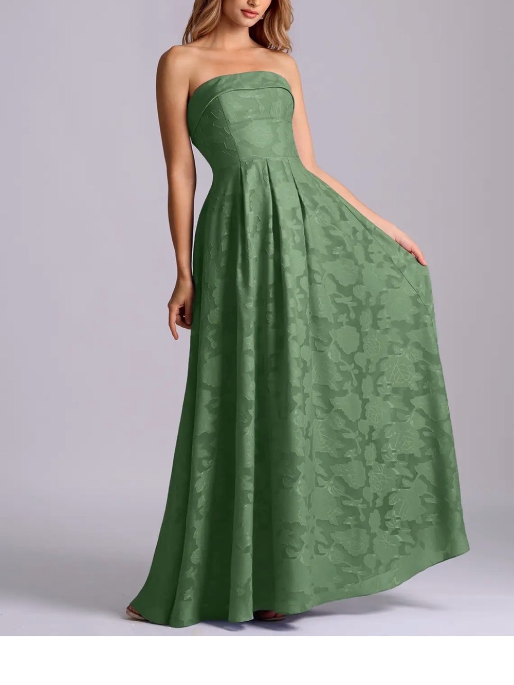 Azazie Strapless Green Jacquard A-Line Gown